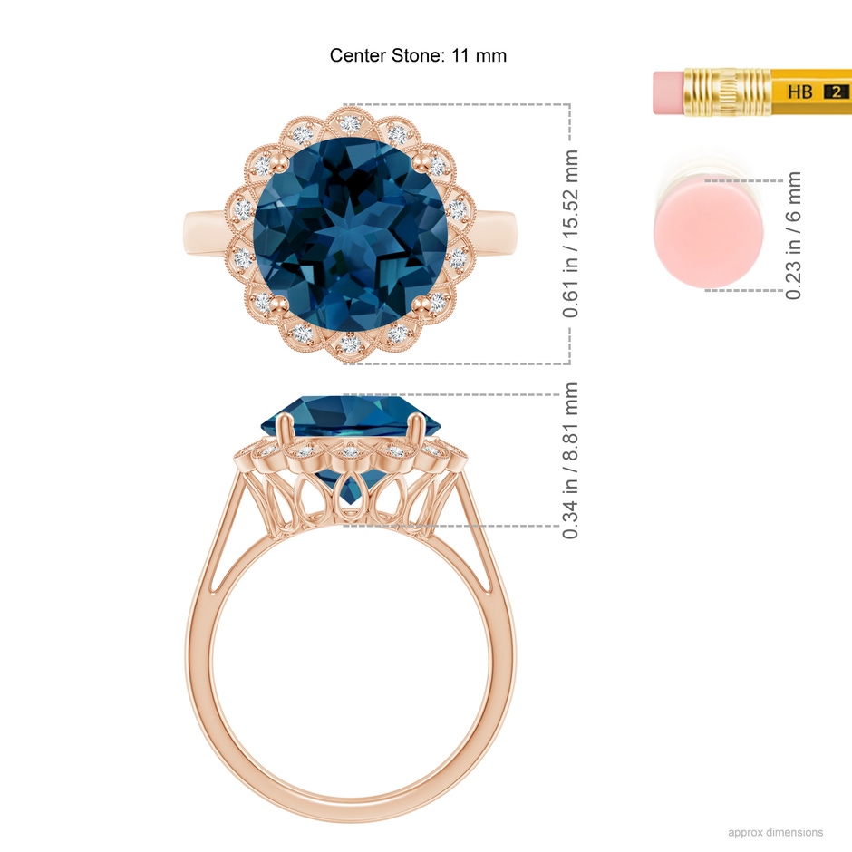 11mm AAA London Blue Topaz Scalloped Halo Ring in Rose Gold ruler