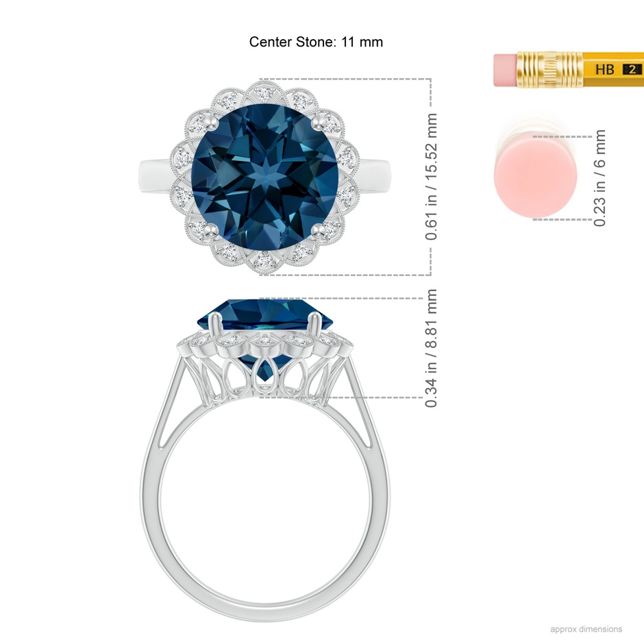11mm AAAA London Blue Topaz Scalloped Halo Ring in White Gold ruler