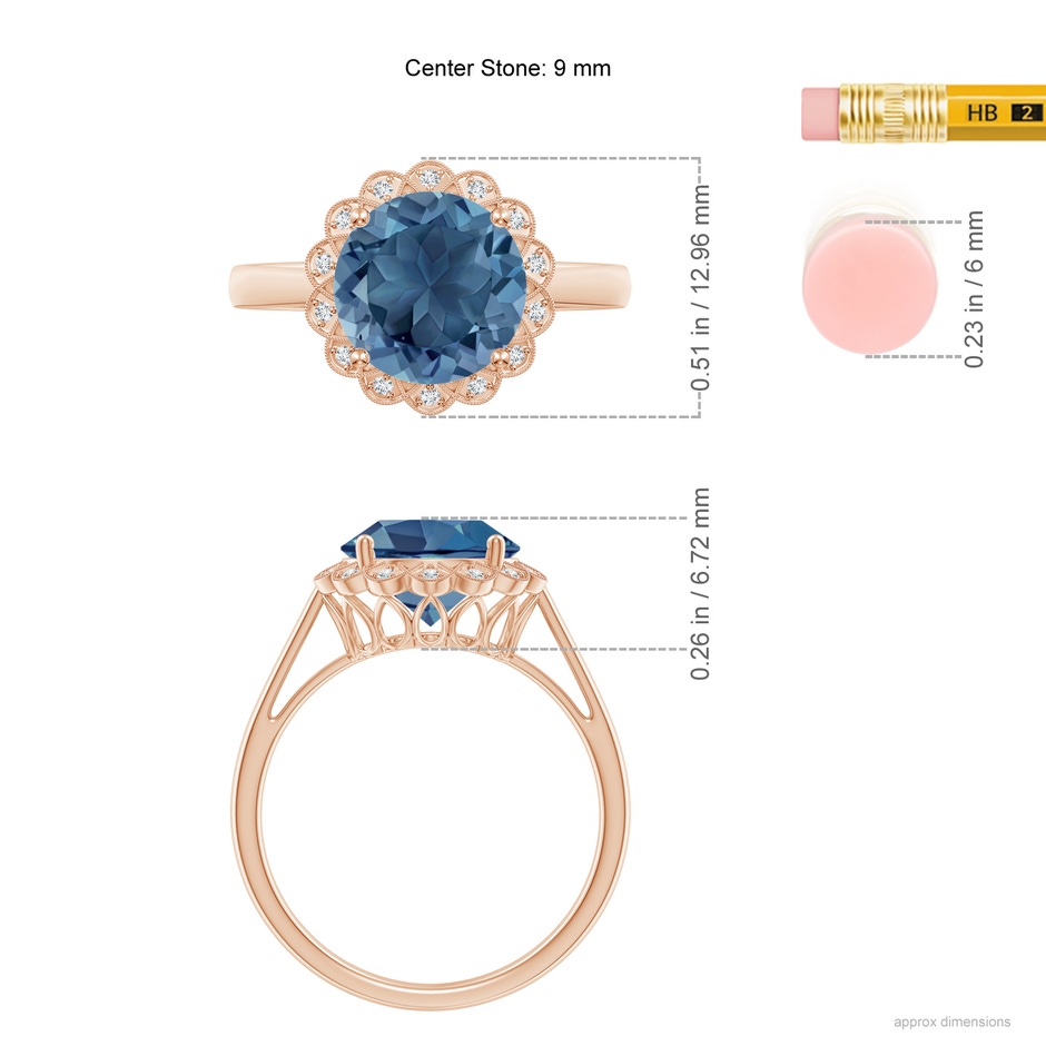 9mm A London Blue Topaz Scalloped Halo Ring in Rose Gold ruler