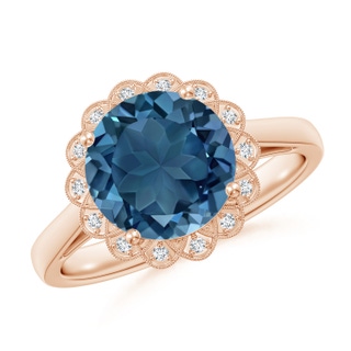 9mm AA London Blue Topaz Scalloped Halo Ring in Rose Gold