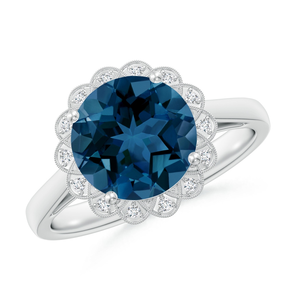 9mm AAA London Blue Topaz Scalloped Halo Ring in White Gold