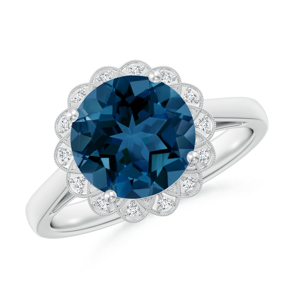 9mm AAA London Blue Topaz Scalloped Halo Ring in White Gold 