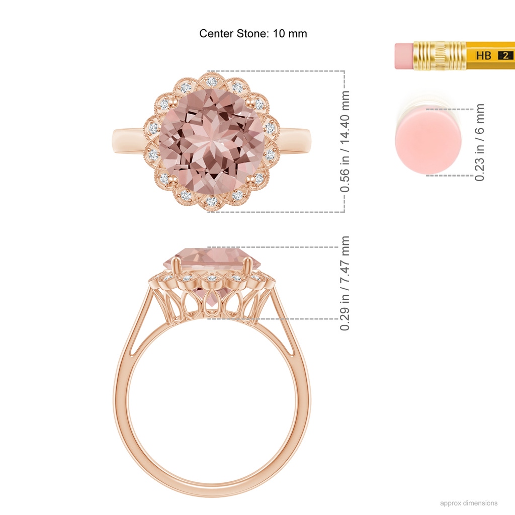 10mm AAAA Round Morganite Scalloped Halo Ring in Rose Gold Ruler