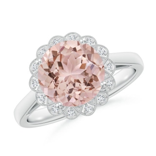 9mm AAA Round Morganite Scalloped Halo Ring in White Gold