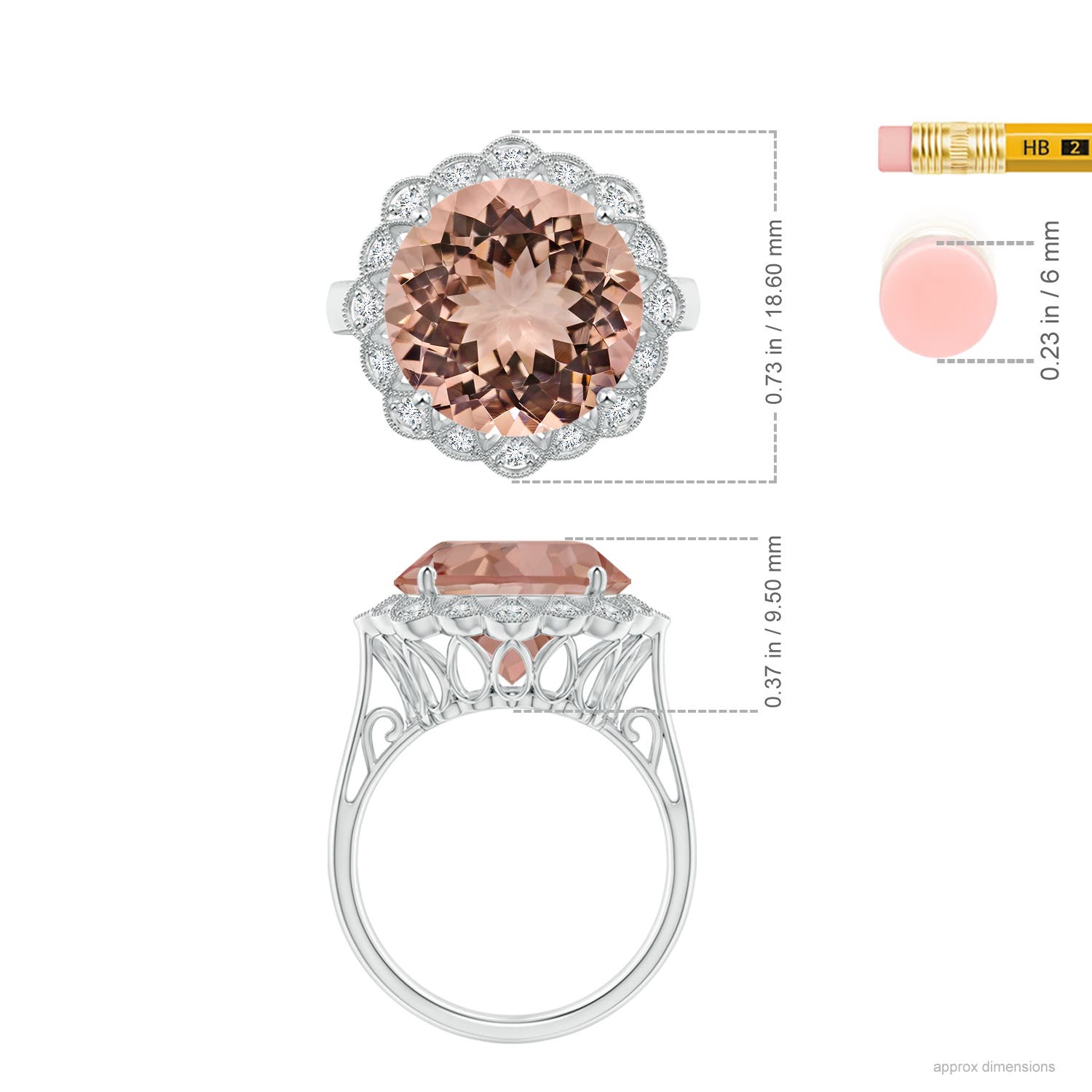 12.78-12.91x7.63mm AAAA GIA Certified Morganite Scalloped Halo Ring in 18CT White Gold - ruler