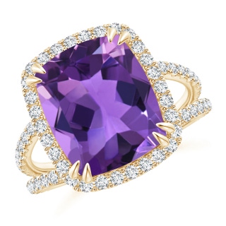 12x10mm AAA Vintage Style Amethyst Split Shank Ring with Diamond Halo in Yellow Gold