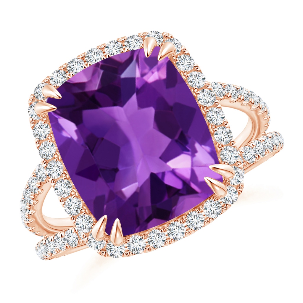 12x10mm AAAA Vintage Style Amethyst Split Shank Ring with Diamond Halo in Rose Gold