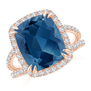 12x10mm AA Vintage Style Double Claw-Set London Blue Topaz Split Shank Halo Ring in Rose Gold