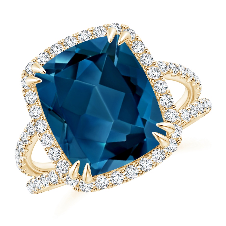 12x10mm AAA Vintage Style Double Claw-Set London Blue Topaz Split Shank Halo Ring in Yellow Gold 