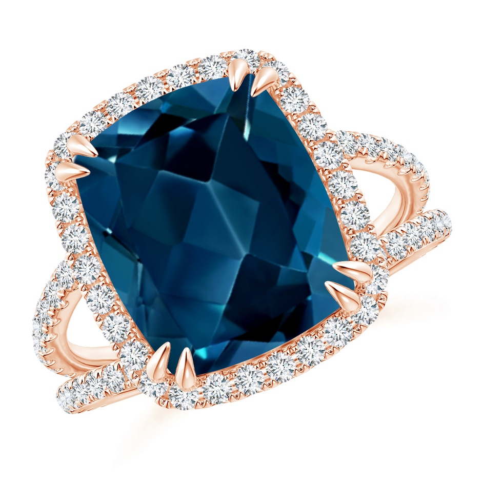 12x10mm AAAA Vintage Style Double Claw-Set London Blue Topaz Split Shank Halo Ring in Rose Gold 