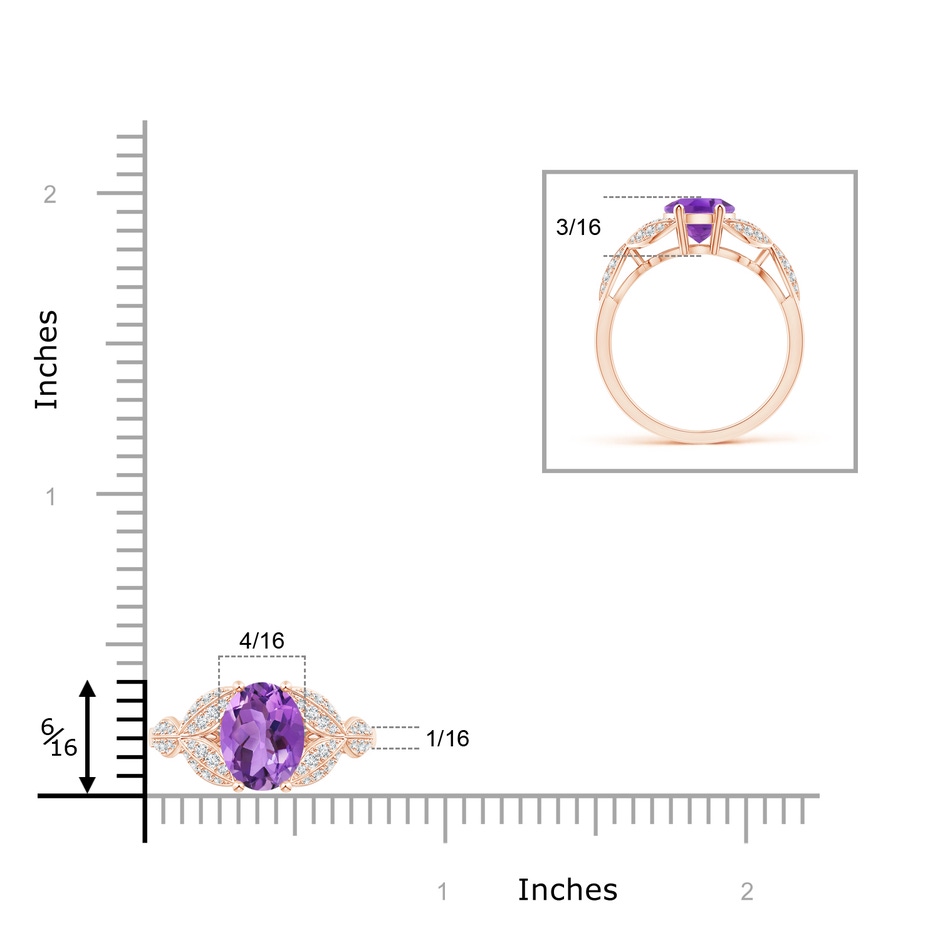 9x7mm AA Amethyst and Diamond Trillium Petal Flower Ring in Rose Gold ruler