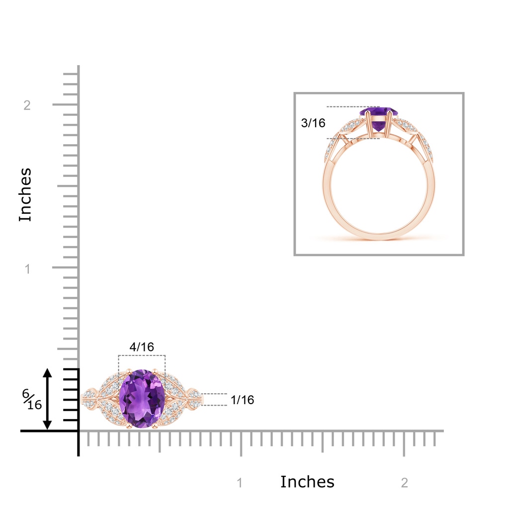 9x7mm AAA Amethyst and Diamond Trillium Petal Flower Ring in Rose Gold Ruler