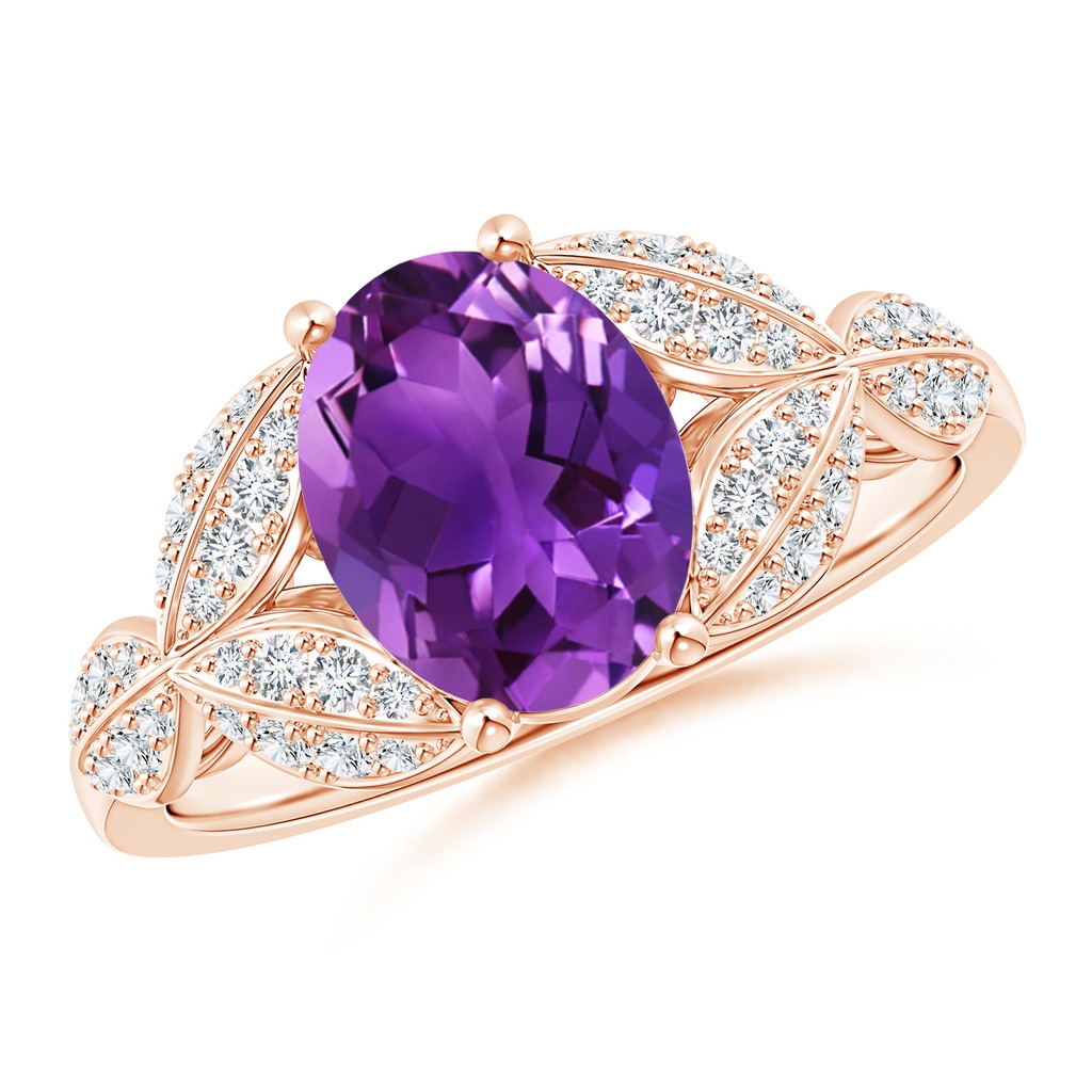 9x7mm AAAA Amethyst and Diamond Trillium Petal Flower Ring in Rose Gold