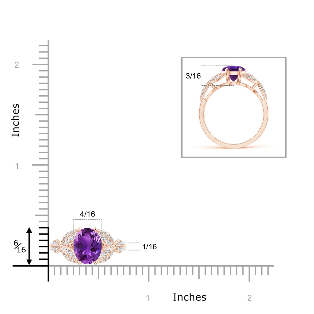9x7mm AAAA Amethyst and Diamond Trillium Petal Flower Ring in Rose Gold Ruler