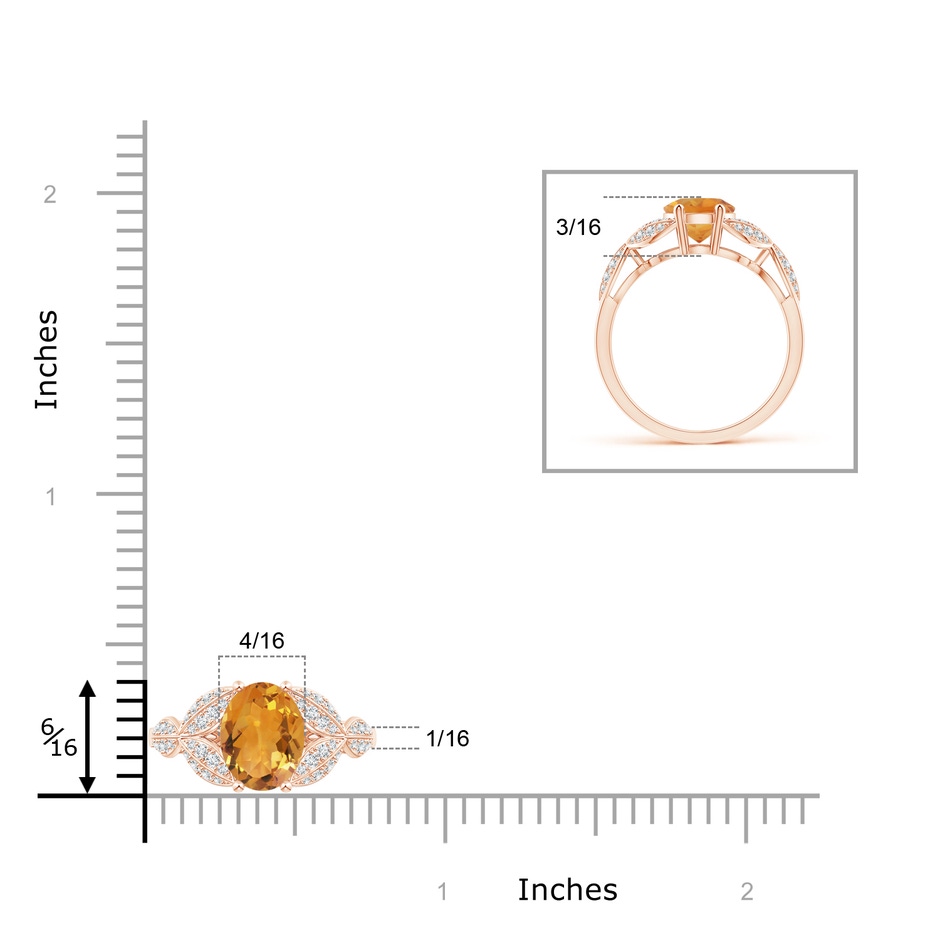 9x7mm AA Citrine and Diamond Trillium Petal Flower Ring in Rose Gold ruler