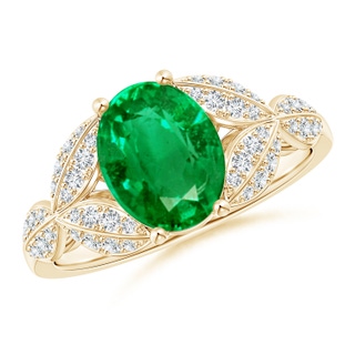 9x7mm AAA Emerald and Diamond Trillium Petal Flower Ring in Yellow Gold