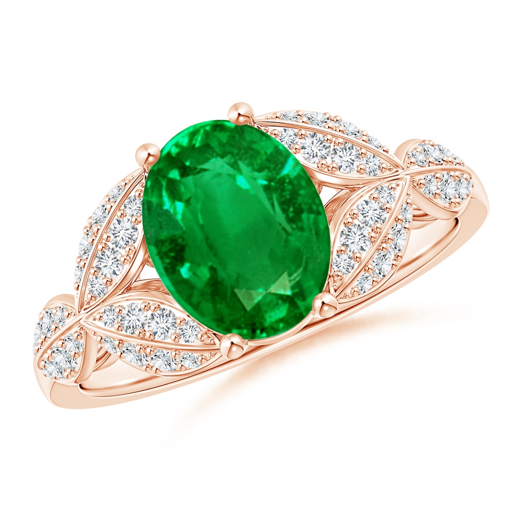 9x7mm Lab-Grown Emerald and Diamond Trillium Petal Flower Ring in Rose Gold