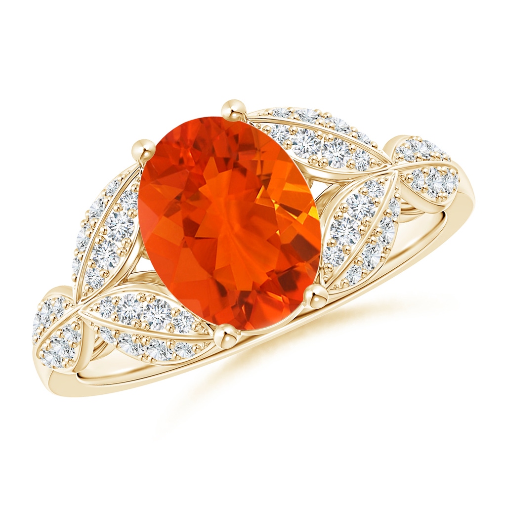 9x7mm AAA Fire Opal and Diamond Trillium Petal Flower Ring in Yellow Gold