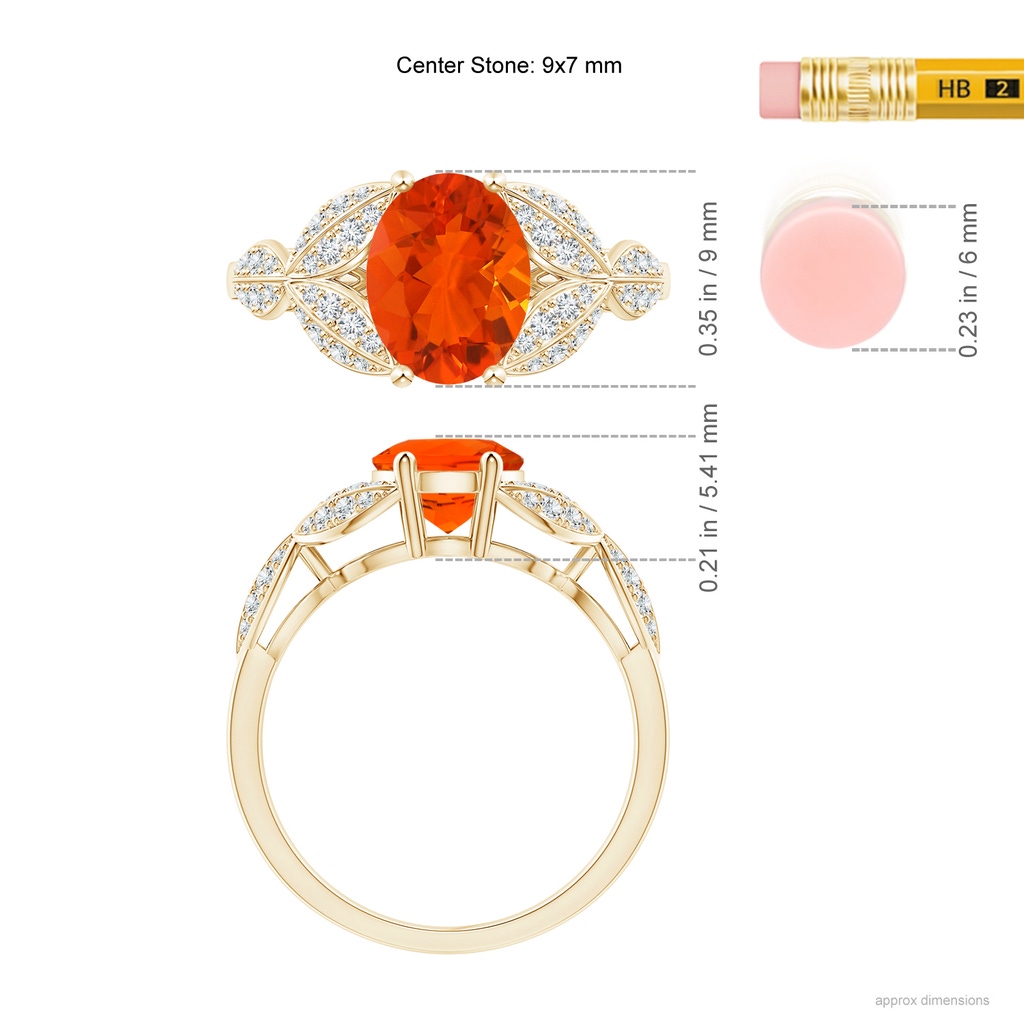 9x7mm AAA Fire Opal and Diamond Trillium Petal Flower Ring in Yellow Gold Ruler