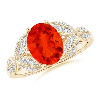 9x7mm AAAA Fire Opal and Diamond Trillium Petal Flower Ring in Yellow Gold