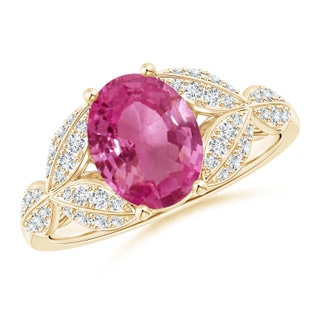 9x7mm AAAA Pink Sapphire and Diamond Trillium Petal Flower Ring in Yellow Gold