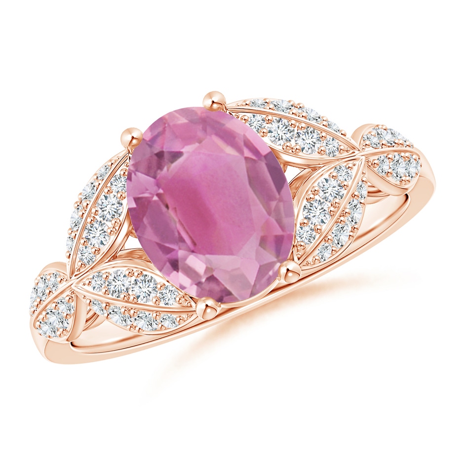 9x7mm AA Pink Tourmaline and Diamond Trillium Petal Flower Ring in Rose Gold 