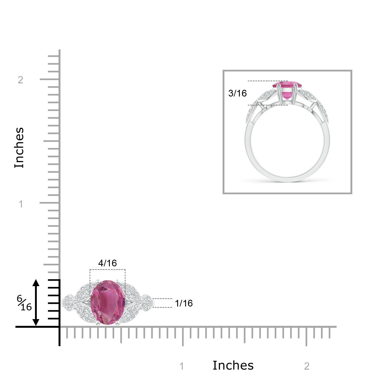 9x7mm AAA Pink Tourmaline and Diamond Trillium Petal Flower Ring in White Gold - ruler