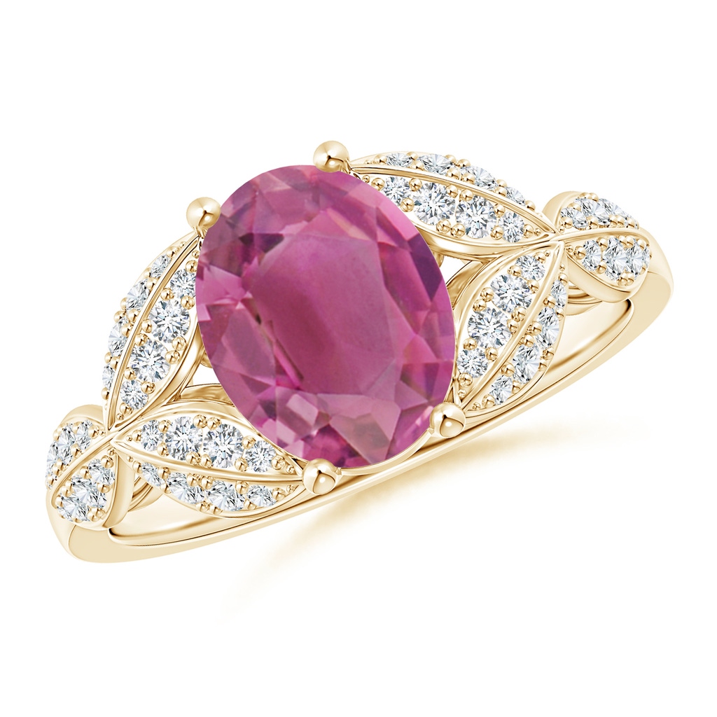 9x7mm AAA Pink Tourmaline and Diamond Trillium Petal Flower Ring in Yellow Gold