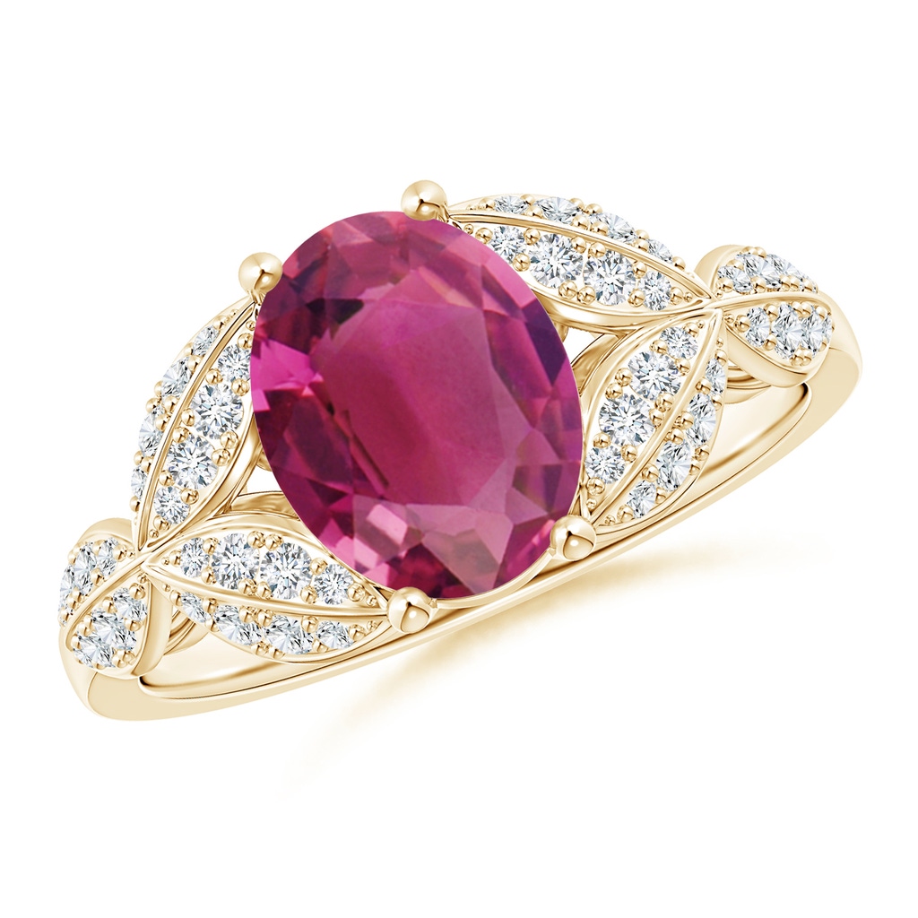 9x7mm AAAA Pink Tourmaline and Diamond Trillium Petal Flower Ring in Yellow Gold