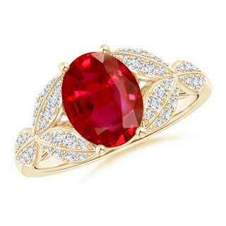 9x7mm AAA Ruby and Diamond Trillium Petal Flower Ring in 9K Yellow Gold