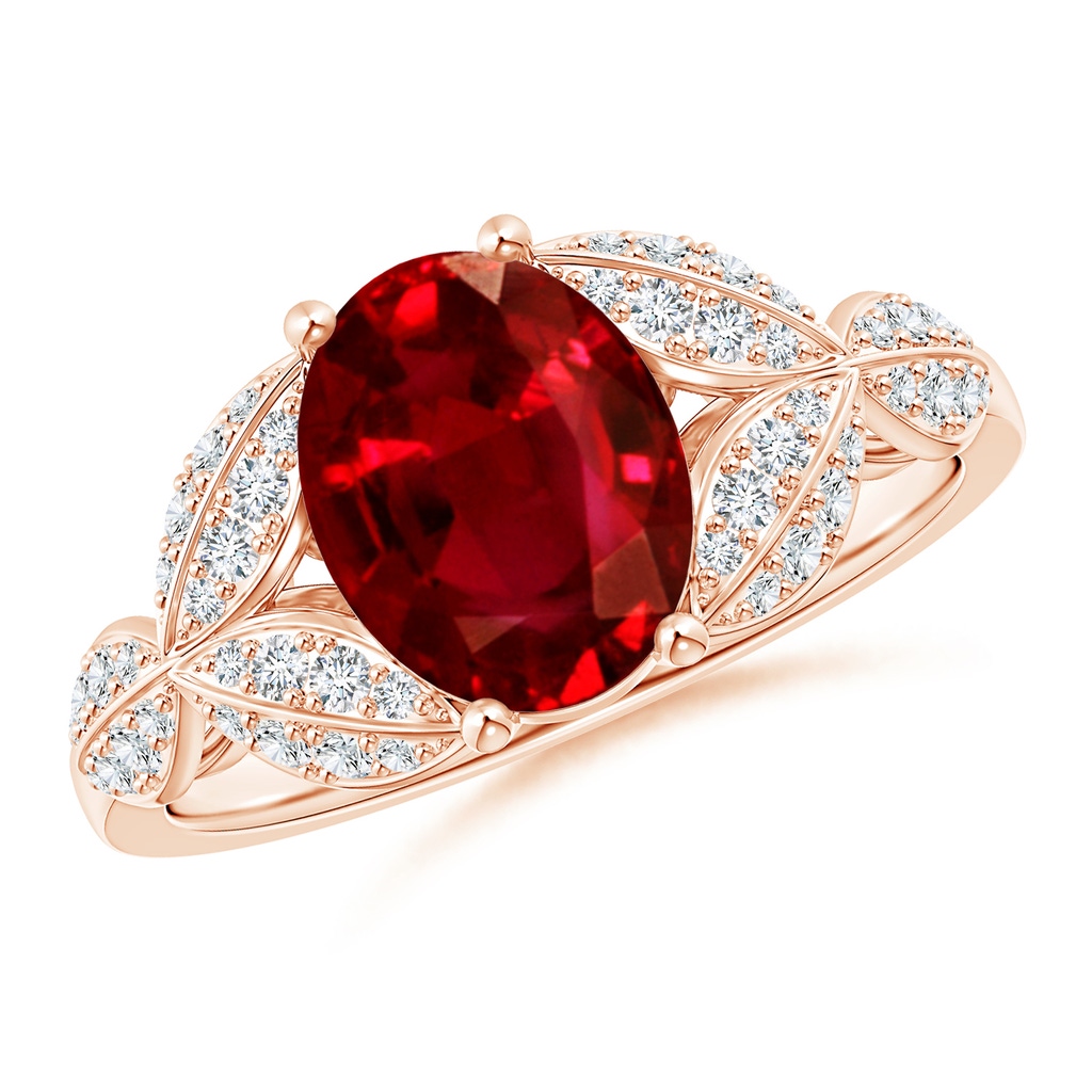 9x7mm AAAA Ruby and Diamond Trillium Petal Flower Ring in Rose Gold