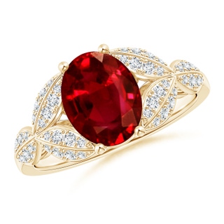 9x7mm AAAA Ruby and Diamond Trillium Petal Flower Ring in Yellow Gold