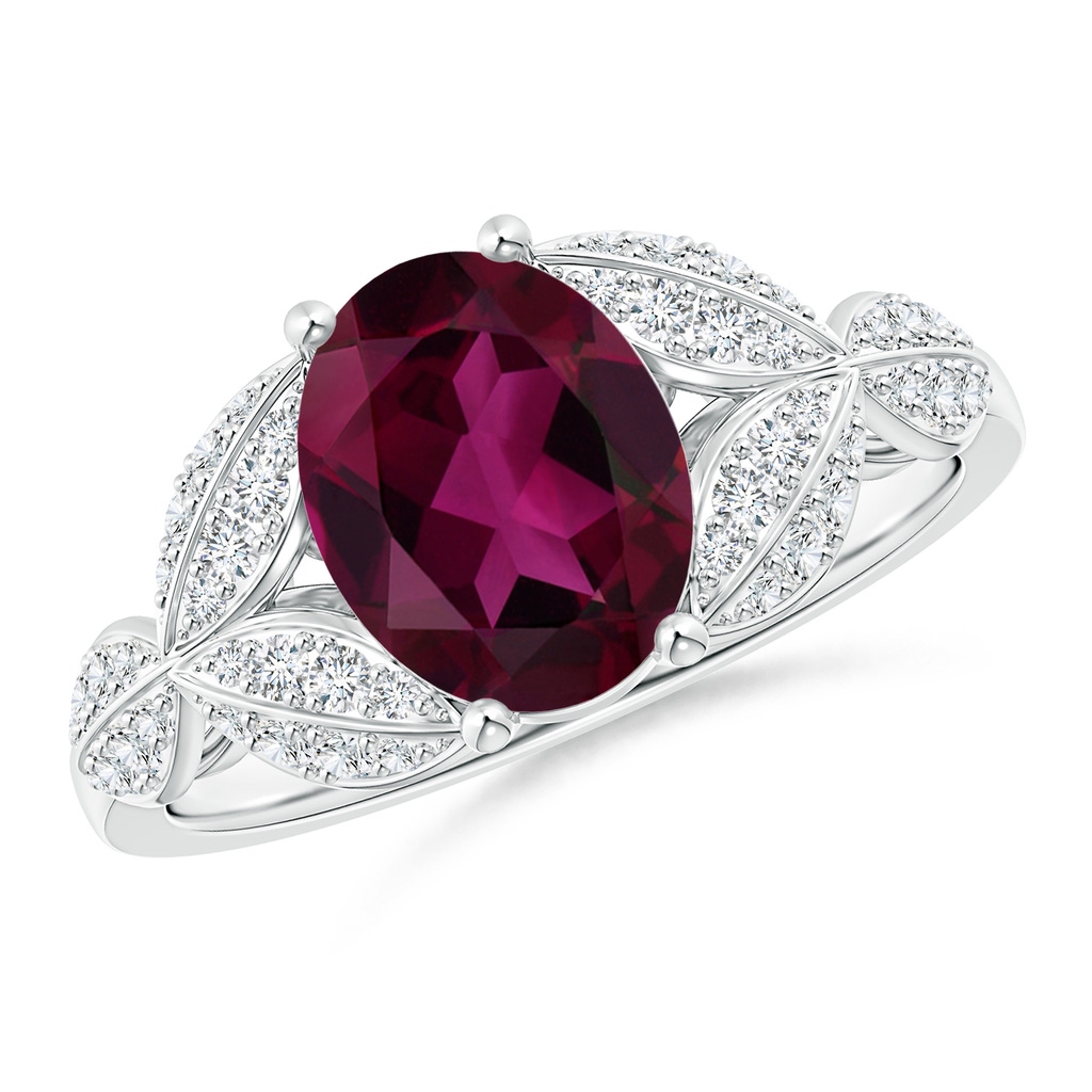 9x7mm AAA Rhodolite and Diamond Trillium Petal Flower Ring in White Gold
