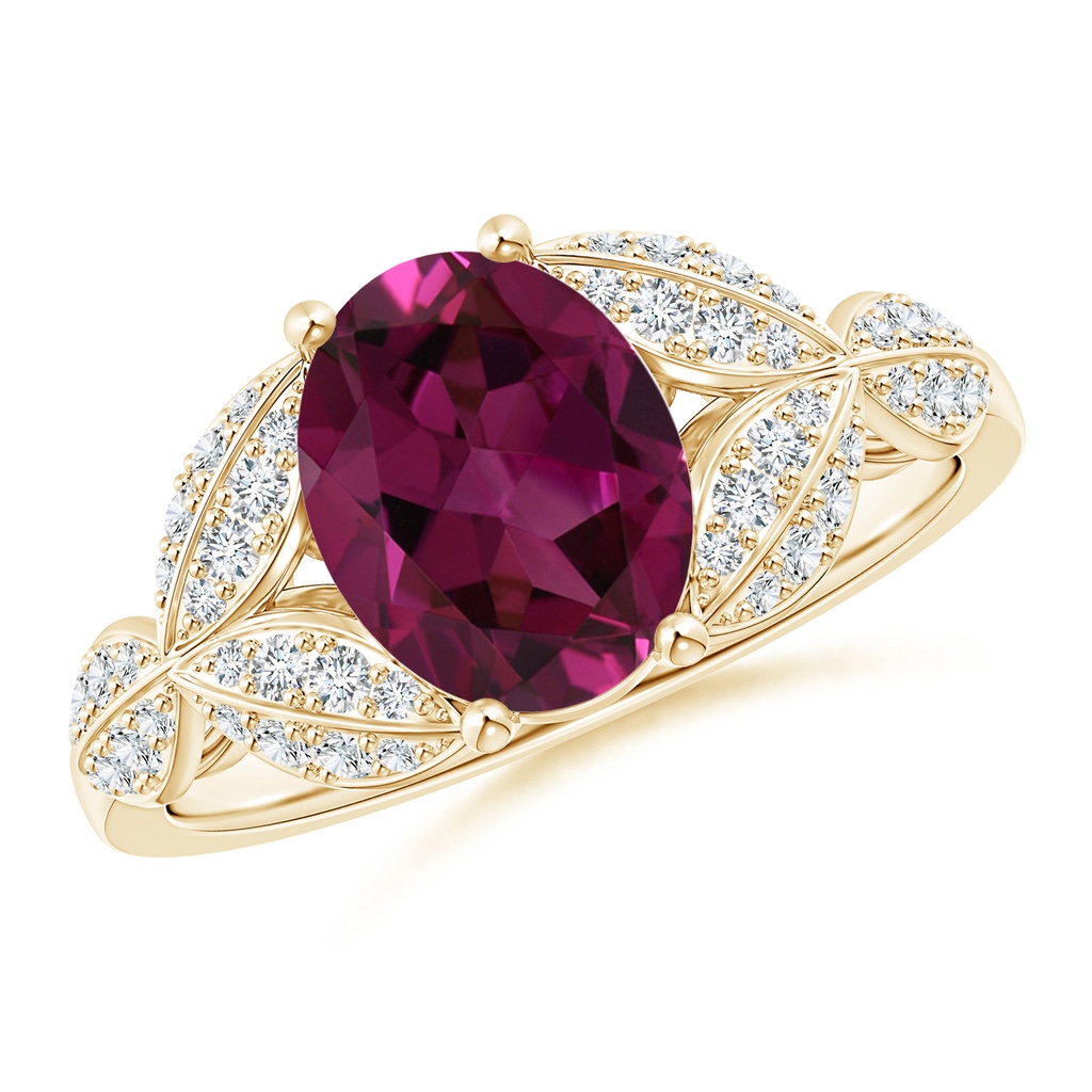 9x7mm AAAA Rhodolite and Diamond Trillium Petal Flower Ring in Yellow Gold