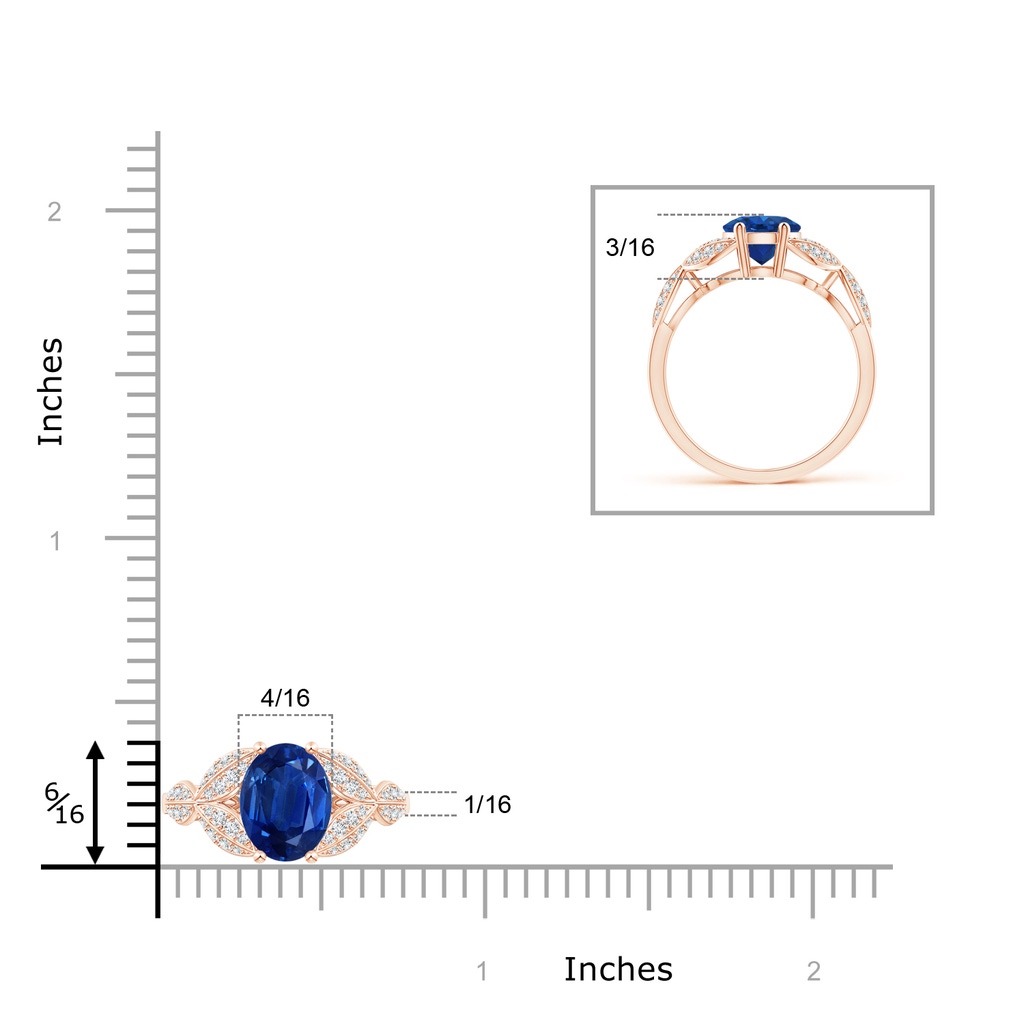 9x7mm AAA Sapphire and Diamond Trillium Petal Flower Ring in Rose Gold Ruler