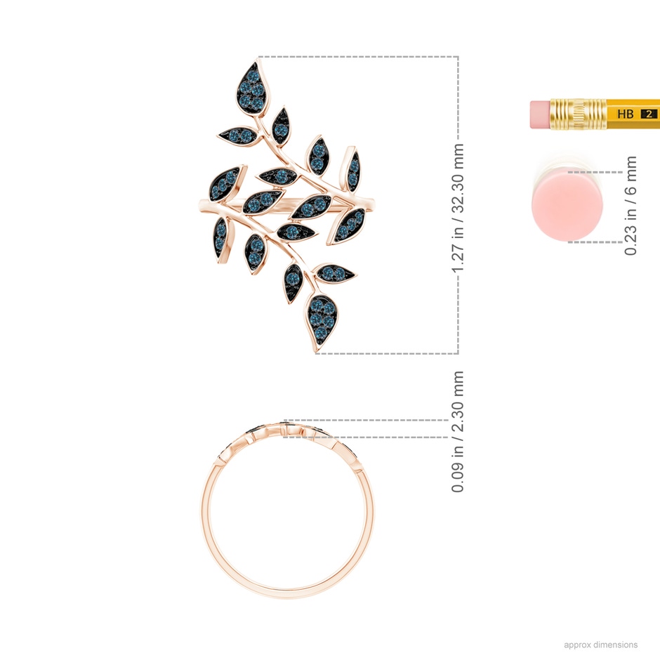 1.3mm AAA Pave Set Blue Diamond Olive Leaf Vine Ring in 9K Rose Gold ruler