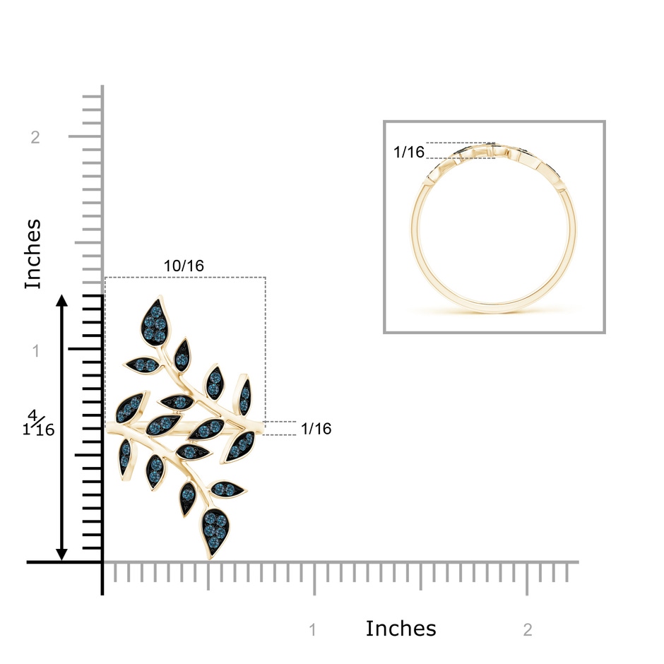 1.3mm AAA Pave Set Blue Diamond Olive Leaf Vine Ring in 9K Yellow Gold ruler
