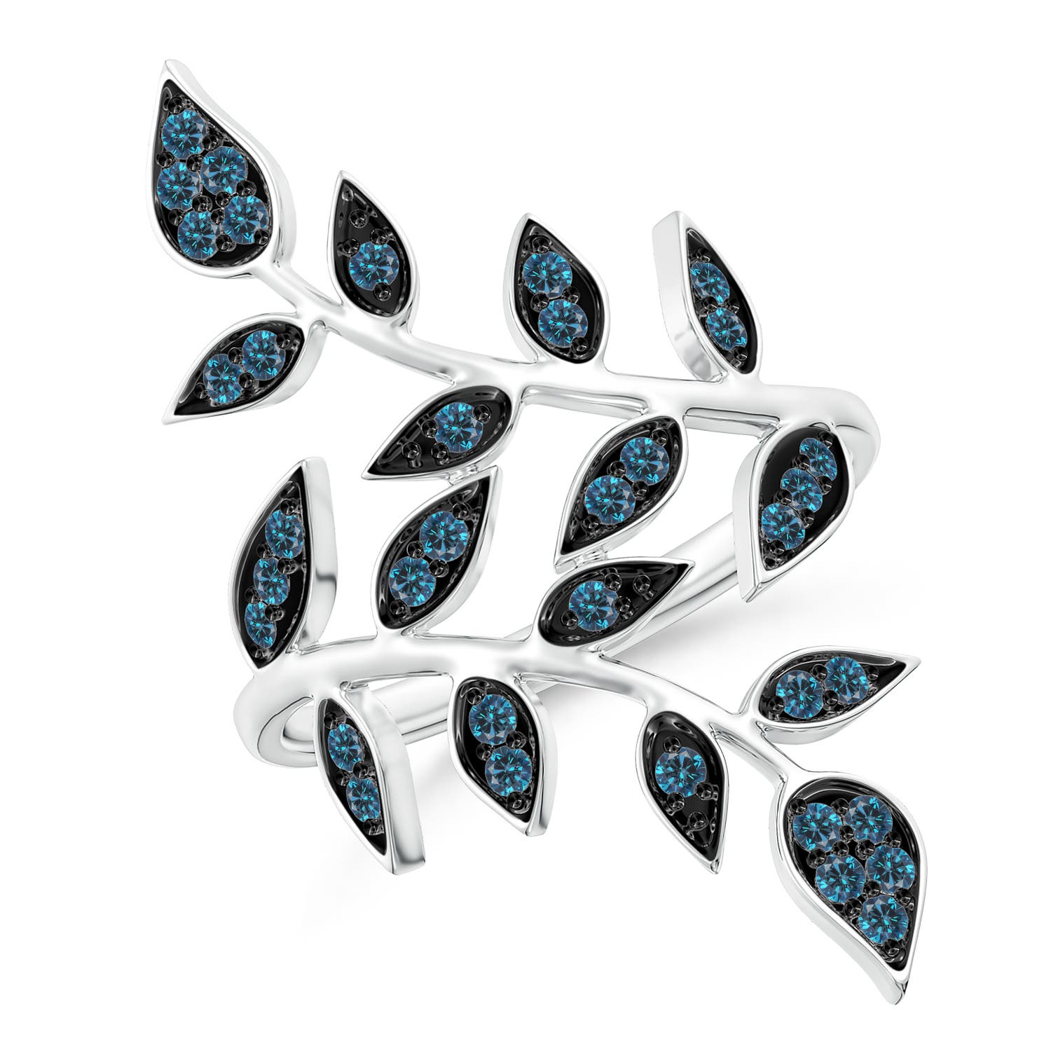 1.3mm AAA Pave Set Blue Diamond Olive Leaf Vine Ring in P950 Platinum