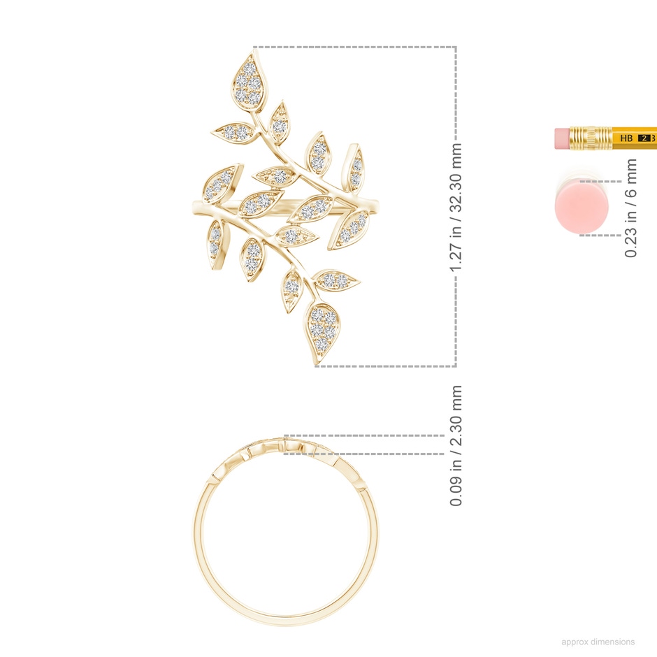 1.3mm HSI2 Pave Set Diamond Olive Leaf Vine Ring in Yellow Gold ruler