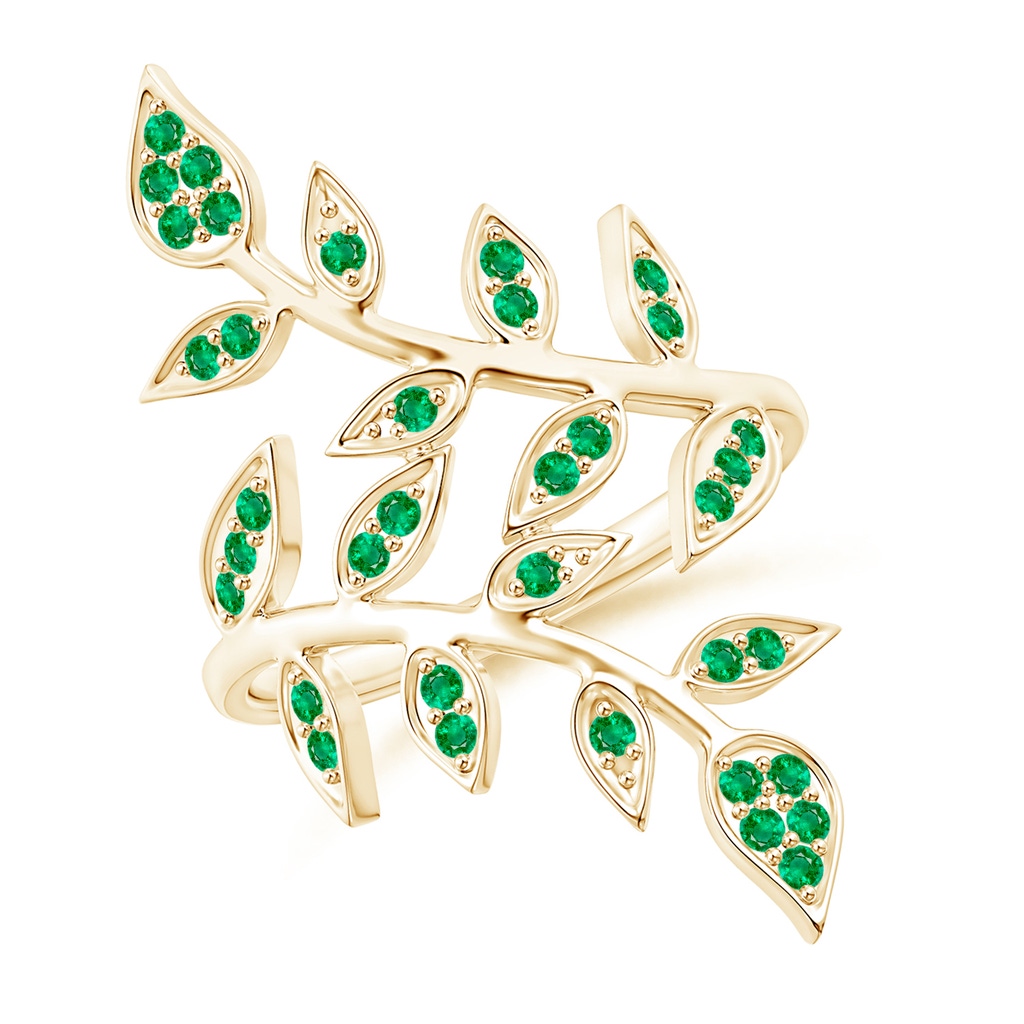 1.3mm AAA Pavé Set Emerald Olive Leaf Vine Ring in Yellow Gold