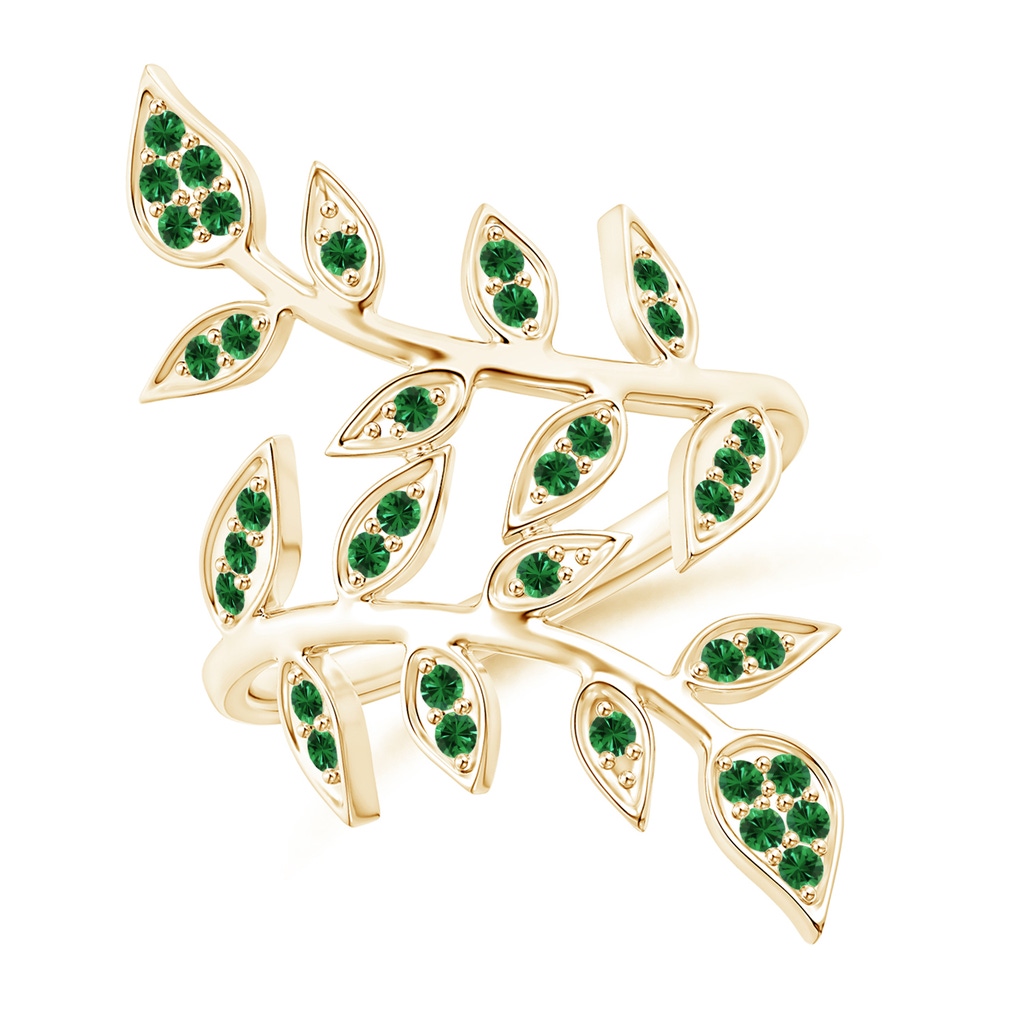 1.3mm AAAA Pavé Set Tsavorite Olive Leaf Vine Ring in Yellow Gold