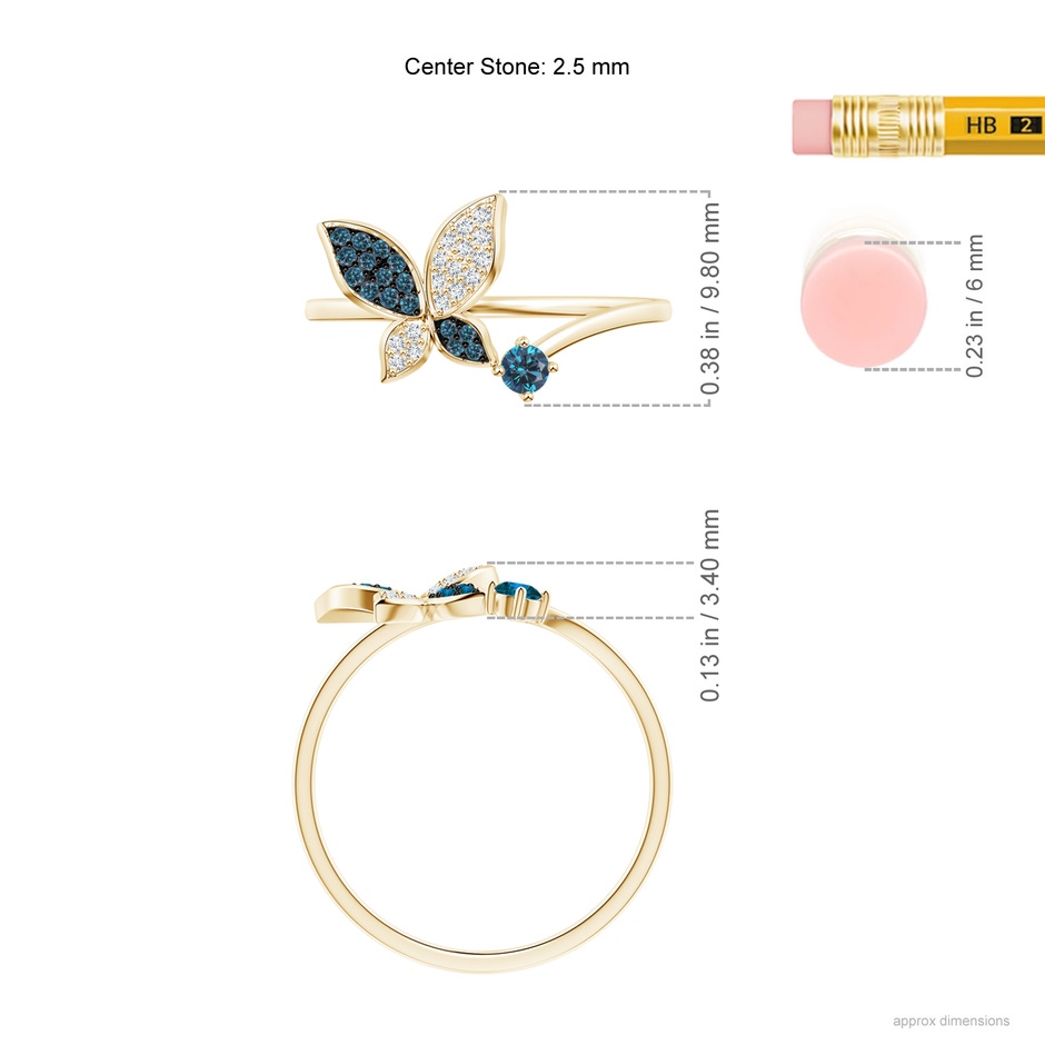 2.5mm AAA Blue Diamond Butterfly Bypass Ring in Yellow Gold ruler
