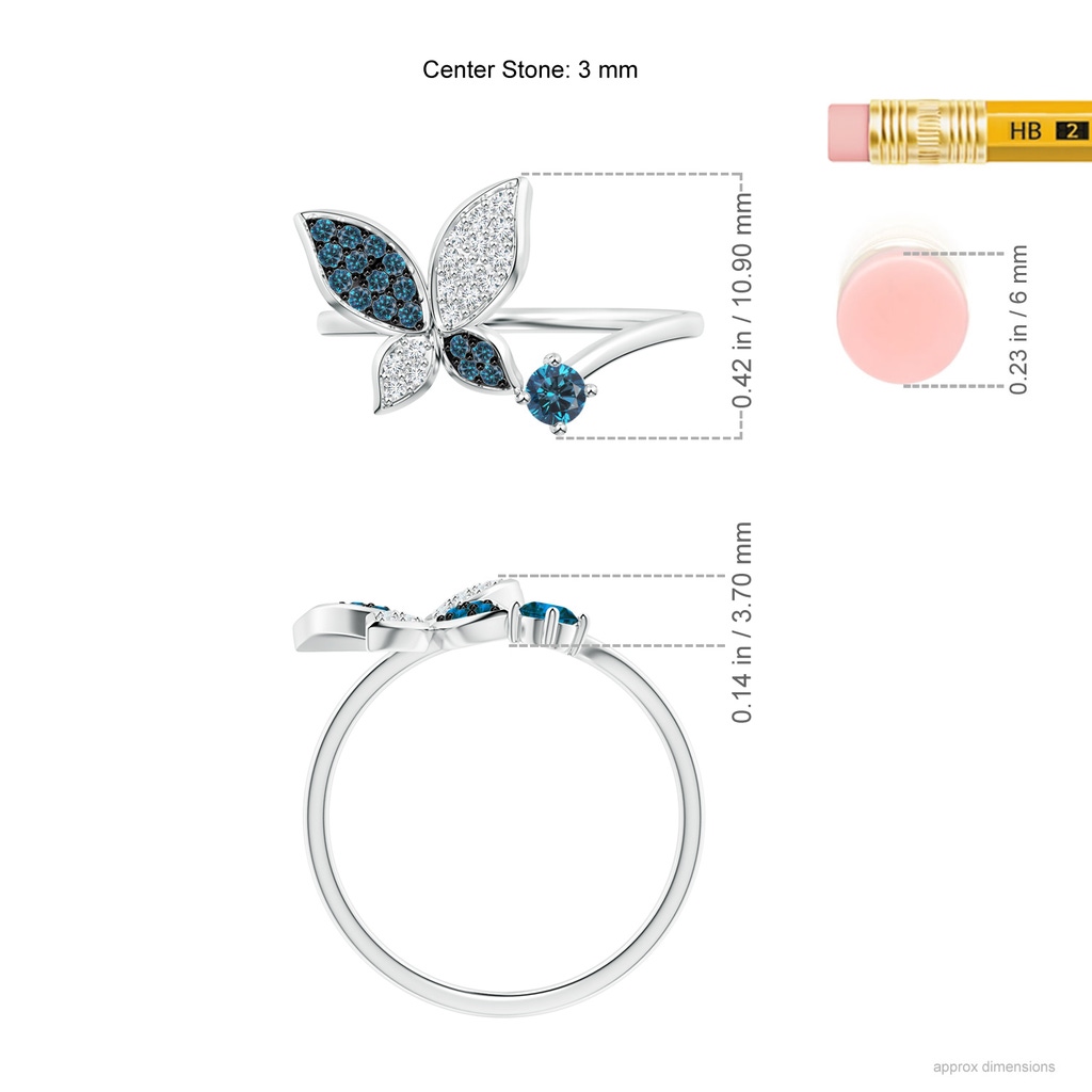 3mm AAA Blue Diamond Butterfly Bypass Ring in White Gold ruler
