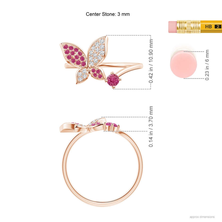 3mm AAAA Pink Sapphire and Diamond Butterfly Bypass Ring in 10K Rose Gold ruler