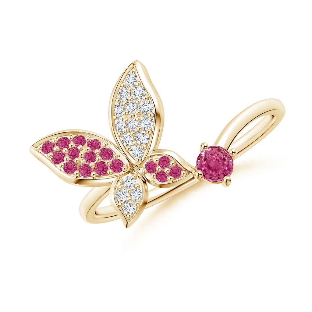 3mm AAAA Pink Sapphire and Diamond Butterfly Bypass Ring in Yellow Gold