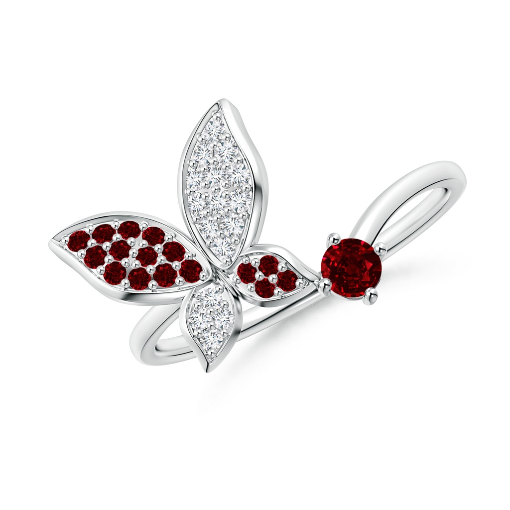 3mm AAAA Ruby and Diamond Butterfly Bypass Ring in 10K White Gold 