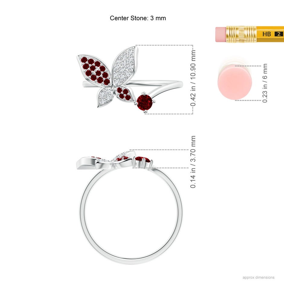 3mm AAAA Ruby and Diamond Butterfly Bypass Ring in 10K White Gold ruler