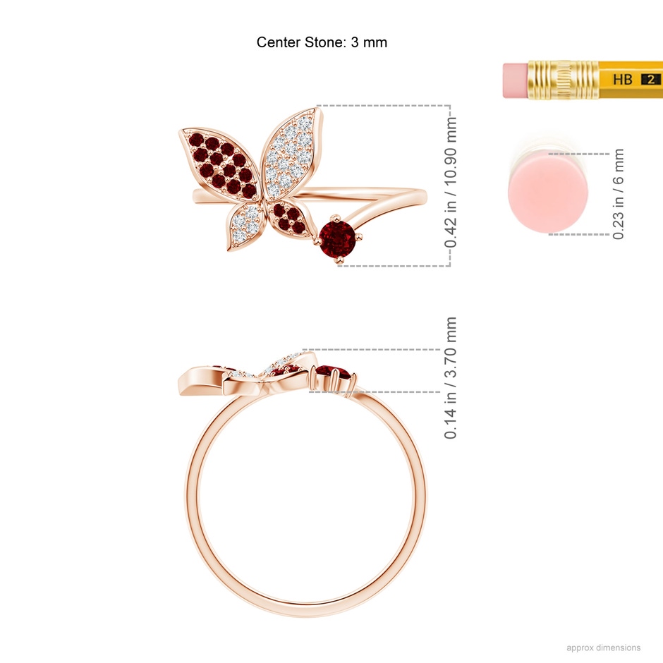 3mm AAAA Ruby and Diamond Butterfly Bypass Ring in Rose Gold ruler