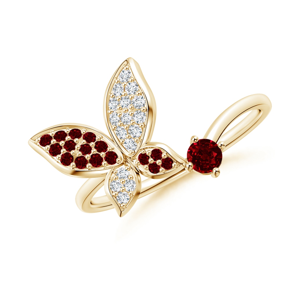 3mm AAAA Ruby and Diamond Butterfly Bypass Ring in Yellow Gold