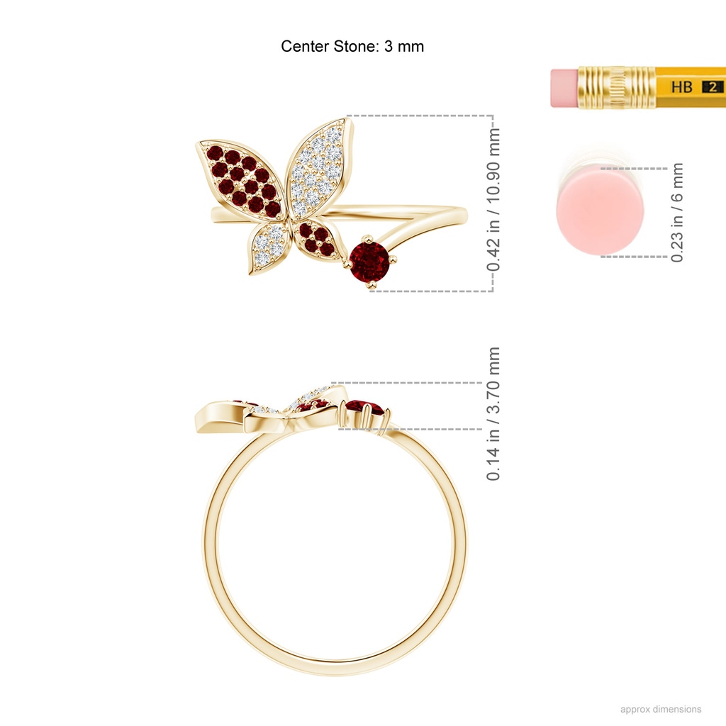 3mm AAAA Ruby and Diamond Butterfly Bypass Ring in Yellow Gold ruler